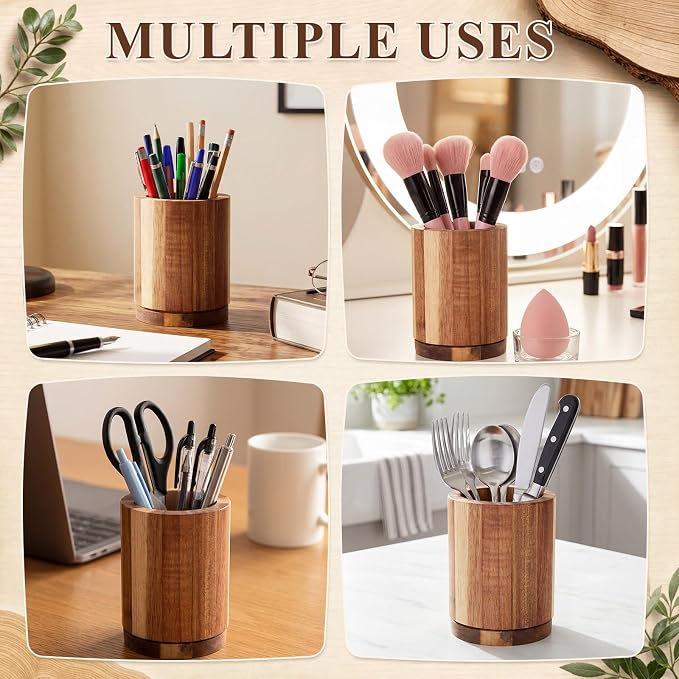 360° Rotating Pen & Pencil Holders Accessories 4.2" Acacia Wood Desktop Pencil Holder Containers Farmhouse Stationery Organizer Stand for Office Table Desk Accessory