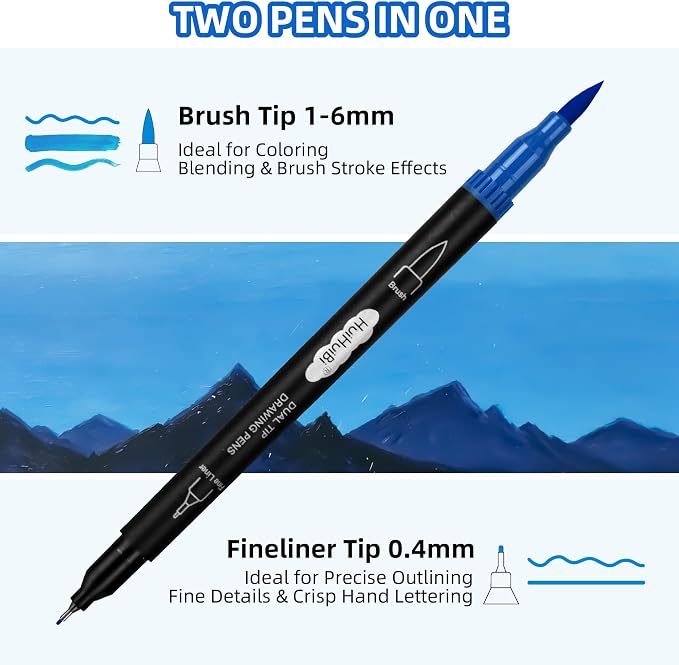 10 Pack Blue Markers for Coloring,1-6mm Dual Brush Pens with 0.4mm Fine Tip Markers,Blue Drawing Pens for Art Drawing Sketching Calligraphy