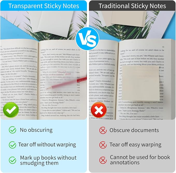 Azureal 600P Transparent Sticky Notes, 3x3 Inch Waterproof Self-Adhesive Translucent Sticky Notes for Books Annotation, Notes Highlights, School & Office