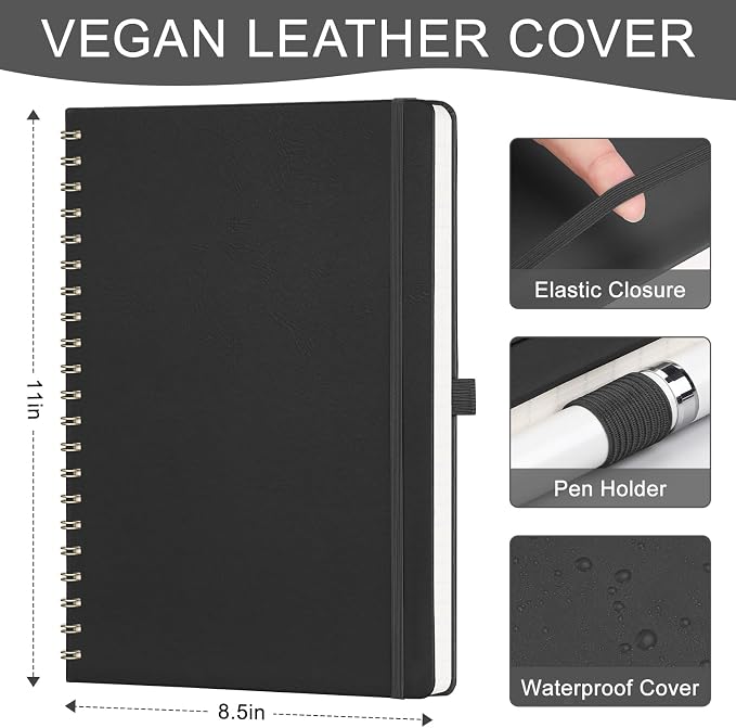 AHGXG Lined Spiral Journal Notebook, 110 Pages, A4 (8.5" x 11") | Journals for Women, Hardcover Leather Notebook College Ruled, 100 GSM Paper, for Work School Note Taking (Black)