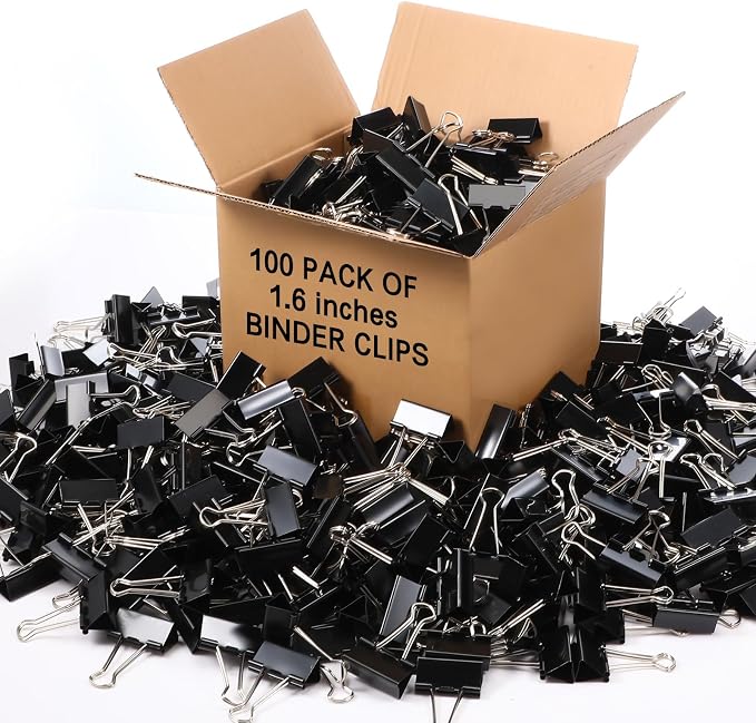 Jetec 100 Pcs Black Binder Clips 1.6 Inch Large Paper Clamps Metal Paper Clips for Teachers Students Classroom Business Office and School Office Supplies
