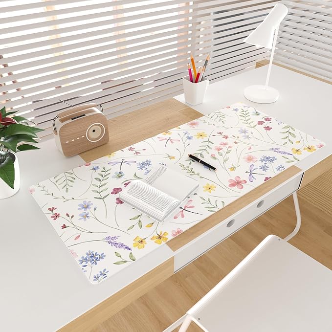 Colorful Star Floral Waterproof Office Desk Mat, 31.5" x 15.7" | Non-Slip Large Computer Gaming Mouse Pad, XXL PC Laptop Protector Pads, PU Leather Desk Writing Pads for Office Home