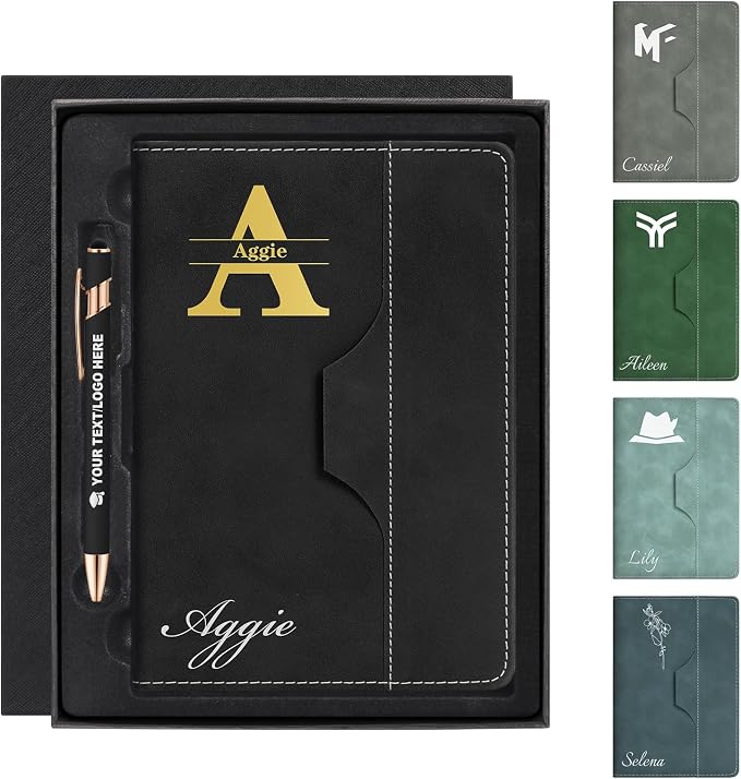 ENOMY Personalized Notebook Journal with Pen & Gift Box Custom Notebook A5 Hardcover Notebook Set for Men Women Lined Journal for Work College Graduation Xmas Gifts (Black)