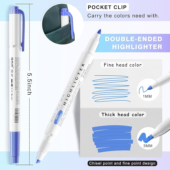 Zmcik Double Ended Highlighters with Soft Chisel Tip, 25-Pack Quick Dry Assorted Colors, Pastel Highlighters Set for School/Office Journaling, Bible Assorted Colors