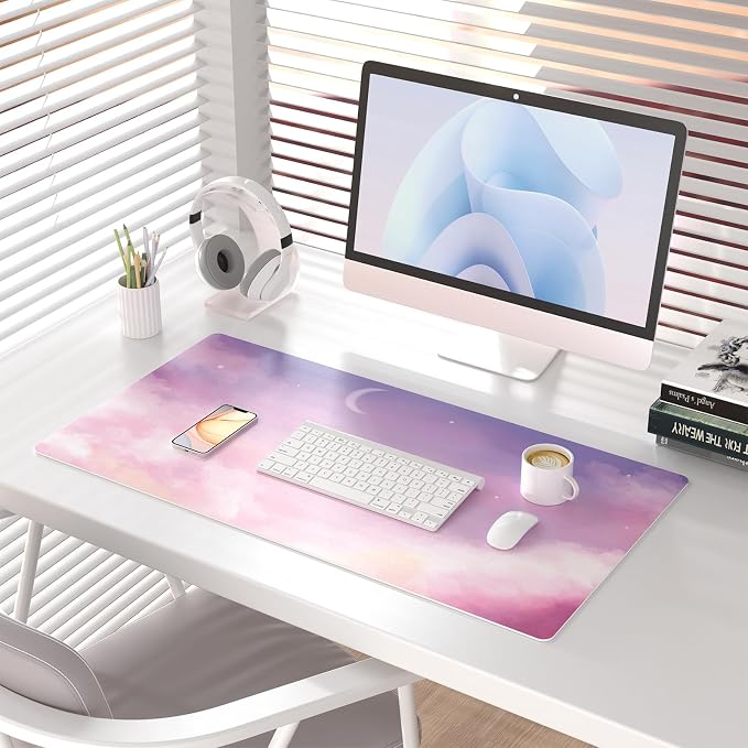 Colorful Star Pink Purple Cute Waterproof Desk Mat, 31.5" x 11.8" | Large Office Mouse Pad for Girls Women, Non-Slip Computer Gaming Keyboard Mat, Desk Accessories Décor for Work