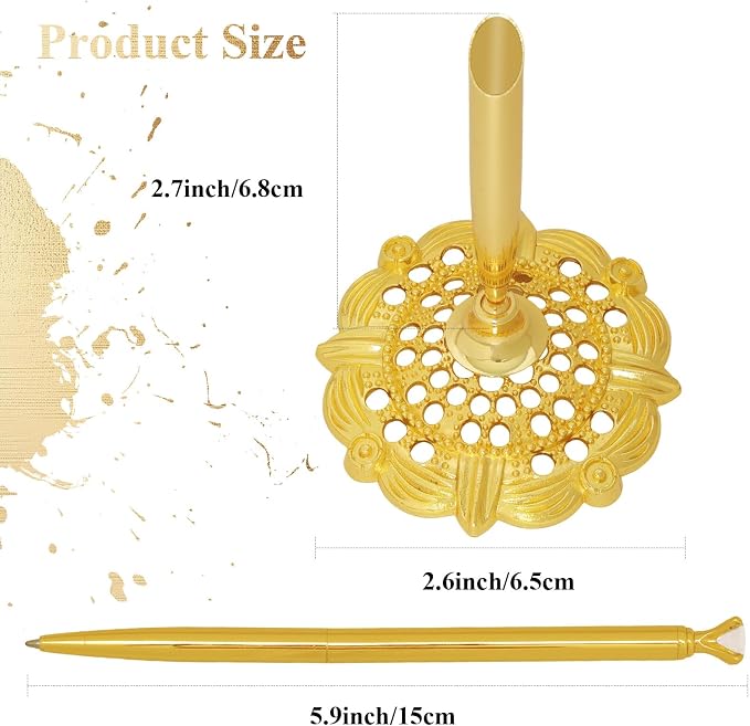 2 Pcs Gold Hollow Round Pen Holder with Diamond Metal Pen Stand Holder Set Signing Pen Set Signing Desk Ballpoint Pens for Guest Book Wedding Birthday Graduation Teacher Office Business