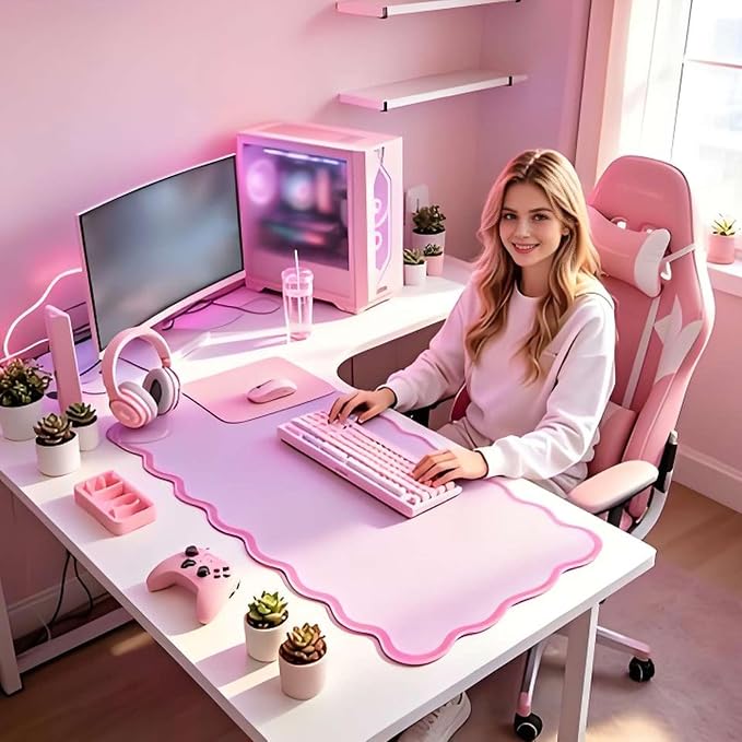 yuboo Pink Scalloped Desk Mat, 31" x 15.7" Large Waterproof Pastel Desk Mat Kawaii Cottagecore Aesthetic Desk Pad Desktop Keyboard Mouse Mat for Dorm Office Gaming Decor