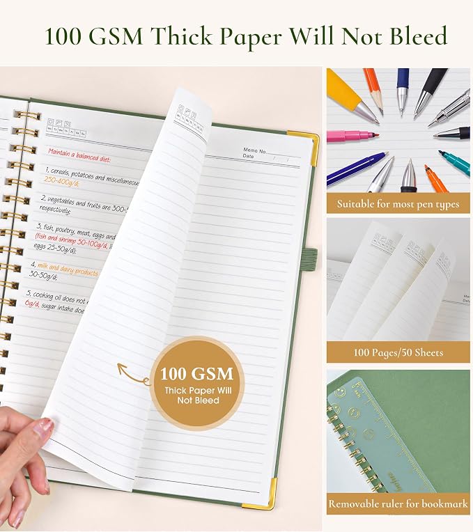 Hardcover Spiral Notebook Journal 8.5” x 11”, A4 Large Cute Notebooks for Women Men, Lined College Ruled Notebook, 100 GSM Paper, Spiral Bound Journals for Work School Note Taking Business, Aesthetic Leaf