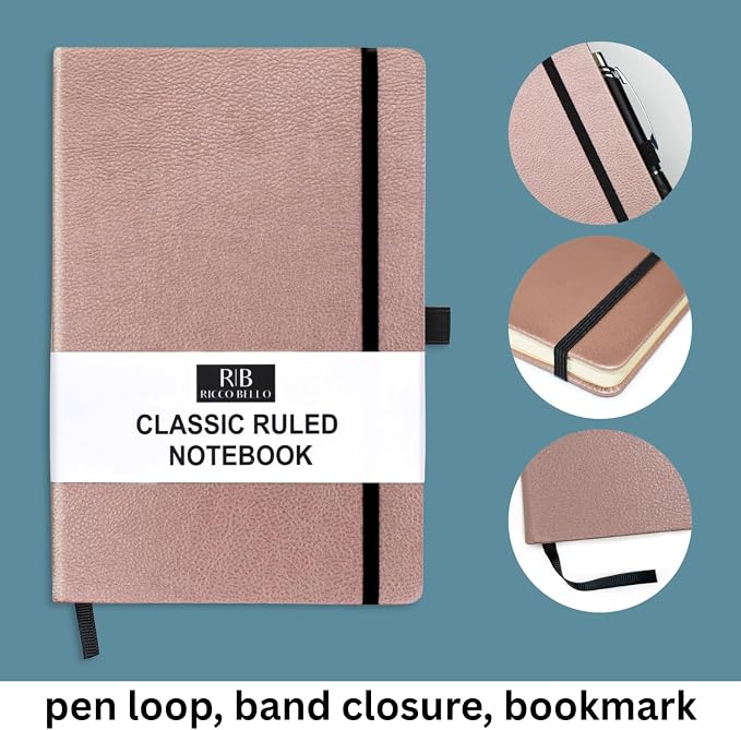 RICCO BELLO Lined Journal Notebook, Rose Gold, 5.7 x 8.4-Inches | Faux Leather Hardcover, Pen Holder, College Ruled, 96 Sheets / 192 Pages, For Work & Notes