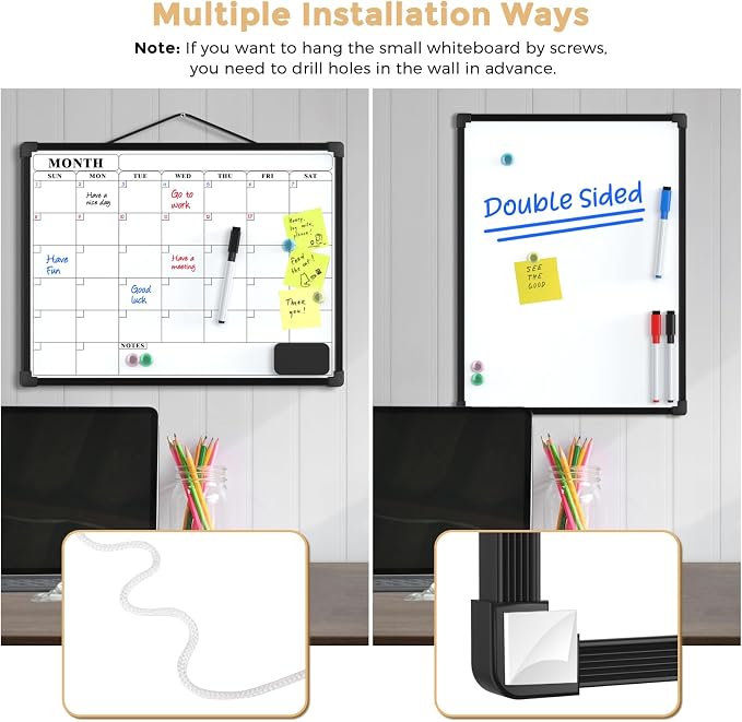 MaxGear Monthly Calendar Dry Erase Board for Wall, 16"x12", Black Frame | Double-Sided, Hanging Small White Board, Portable Whiteboard for Planning, Drawing, Memo, to Do List, Home, Kitchen, Office