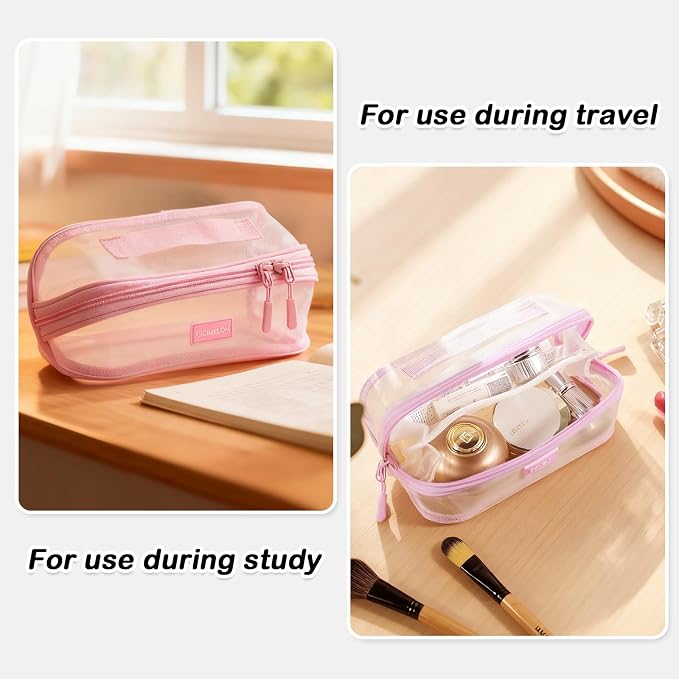 CICIMELON Transparent Mesh Pencil Pouch with Handle Big Case Clear Pen Bag College Essentials School Supplies, Pink