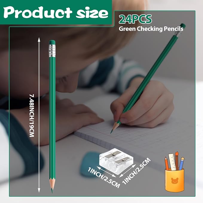 24PCS Erasable Colored Pencils with Eraser Pre Sharpened Pencil 2 HB - Ideal for Checking, Grading, Tests & Office/School Supplies (Green)