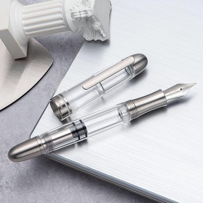 Asvine P36 Titanium Fountain Pen Piston Filling, Fine Point Clear Demonstrator Pen Smooth Writing Pen Case Set