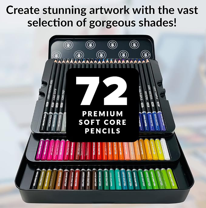 HIPPIE CRAFTER Color Pencils, 72 Colored Pencils for Adult Coloring Books, Professional Artist Set, Premium Soft Pencil Colors for Drawing, Sketching, and Art Supplies for Beginners