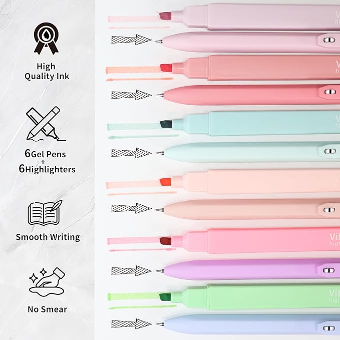 Piochoo Highlighters and Gel Pens,6Pcs Pastel Colors Bible Highlighters and 6Pcs Black Ink Pens for Journaling Planner Notes School Supplies