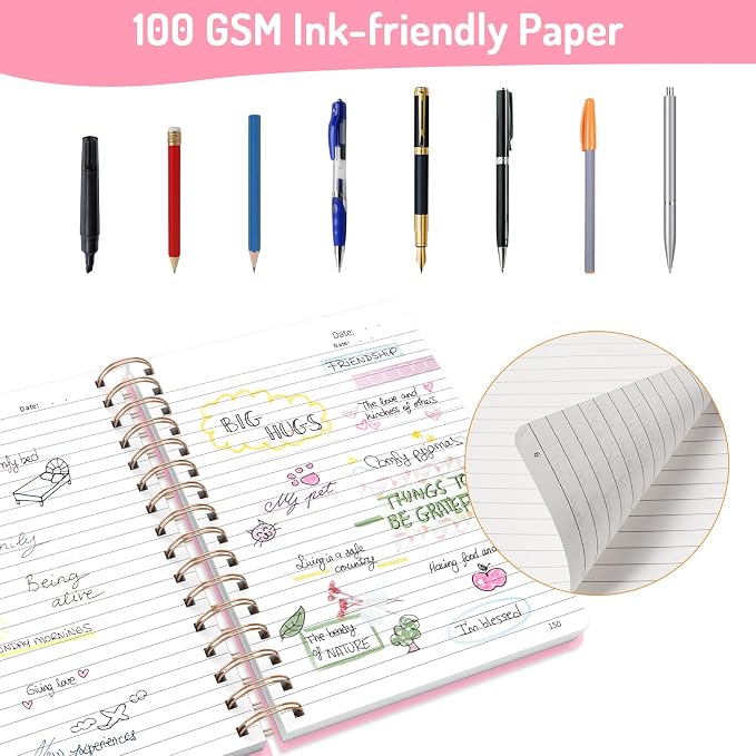 Forvencer Lined Spiral Journal Notebook with 300 Numbered Pages, A5 Thick Journals for Writing with 100GSM Paper, Hardcover Notebooks with Contents for Work, School, Women, Men, Pink