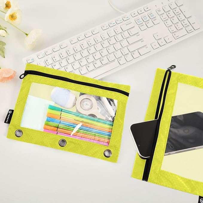 Gredecor Binder Pencil Pouch 3 Ring Lemon Yellow Zipper Pencil Pouches Case 2 Pack Clear Binder Organizer for School Office