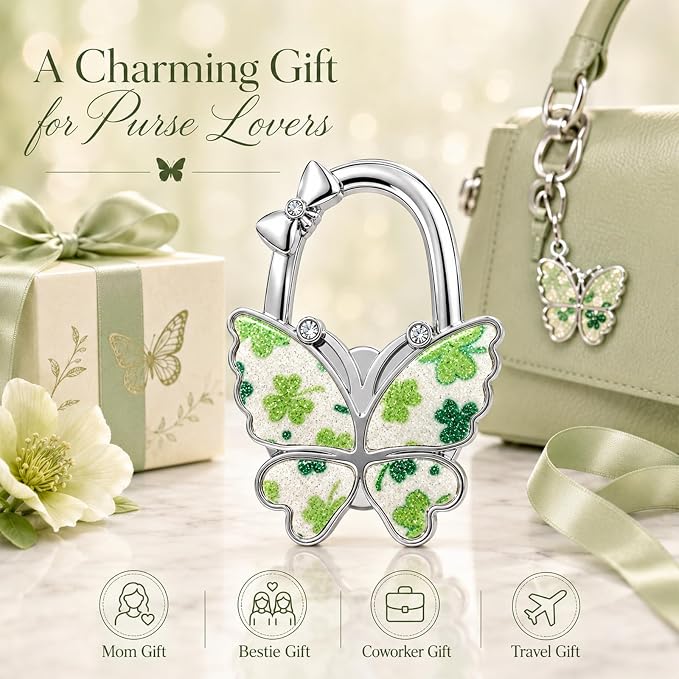 Purse Hook for Table, Foldable Handbag Hanger for Women, Portable Bag Holder with Non-Slip Base, Cute Bling Clover Butterfly Purse Table Hook for Restaurant Office Travel Gift