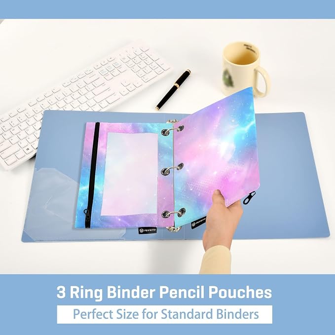 ALAZA Pencil Pouch for 3 Ring Binder, Pink Blue Sky Print Binder Pencil Pouches with Clear Window Zipper Pencil Case Cosmetic Bags for Office College Supplies, 2PCS