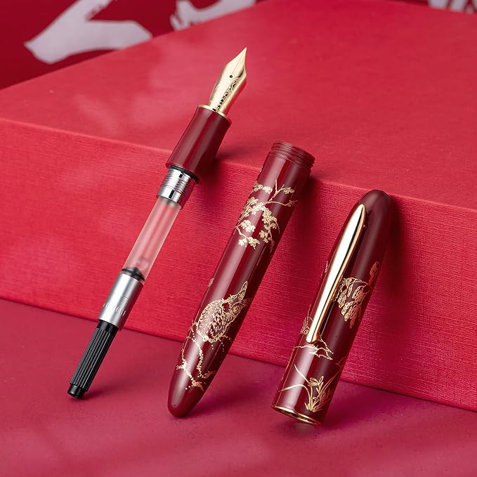HONG DIAN N23 Red Rabbit Fountain Pen, Long Blade Medium Nib Gold Trim, New Year Lucky Rabbit Carving Design, Smooth Writing Pen with Converter and Metal Pen Box Set