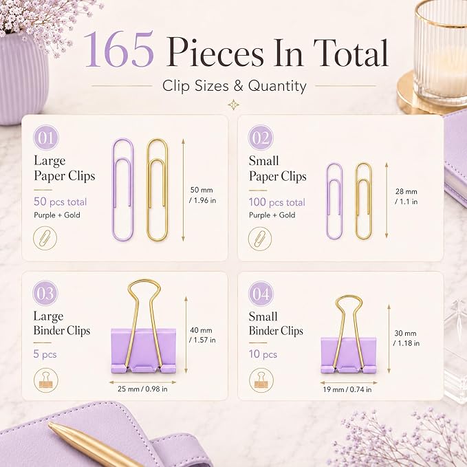 Cute Paper Clips Binder Clips Combo Set, Assorted Size Paper Clips for Office, Cute Office Supplies Set,