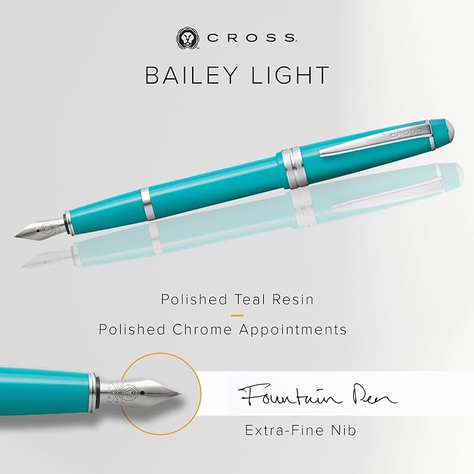 Cross Bailey Light Polished Teal Resin Extra Fine Nib Fountain Pen - Professional Pen for Effortless Writing - Journaling, Note-Taking & More - Black Ink - Easy Handling - Includes Gift Box