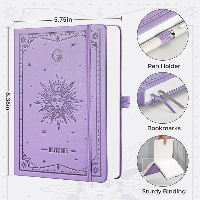 EMSHOI Dotted Journal Notebook, 320 Pages, A5 Size (5.7'' x 8.3'') | Leather Hardcover, 100 GSM Thick Paper, for Journaling, Planning, Tracking & Sketching, Sun Debossed (Light Purple)