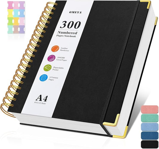 Spiral Notebook 8.5" x 11",300 Numbered Pages Lined Notebooks College Ruled | 100GSM Thick Journal for Women Men, Hardcover Leather Lined Journal for Writing, Large A4 Notebooks for Work School,4 Contens