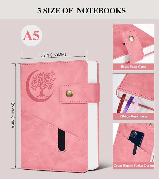 PAIBAS A5 Journal Notebook College Ruled 366 Page Leather Journal for Women | Medium notebook A5 journal with 100gsm lined notebook paper, 3 ribbon bookmarks, cover pocket & brass snap button 5.9"x8.4"