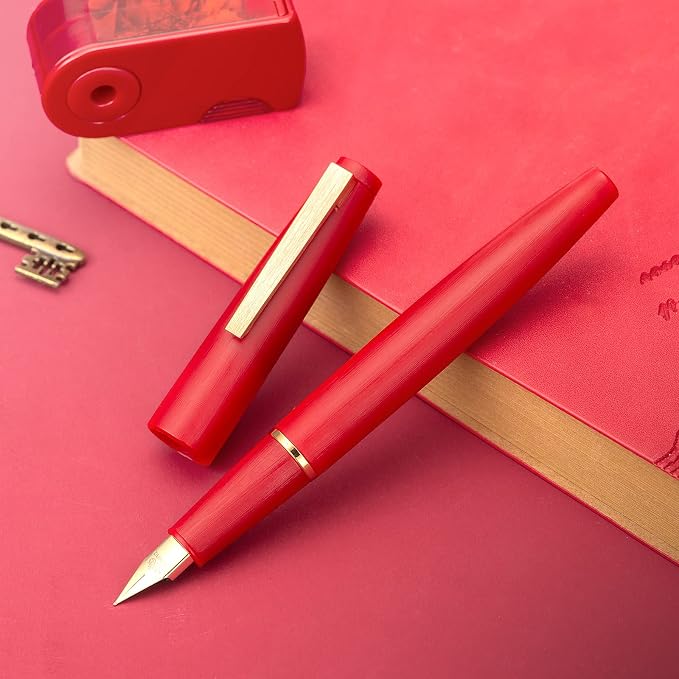 Jinhao 80 Red Fiber Brushed Fountain Pen, Iridium Fine Gold Nib with Ink Converter, Classic Design Smooth Writing Pen (Gold Clip)