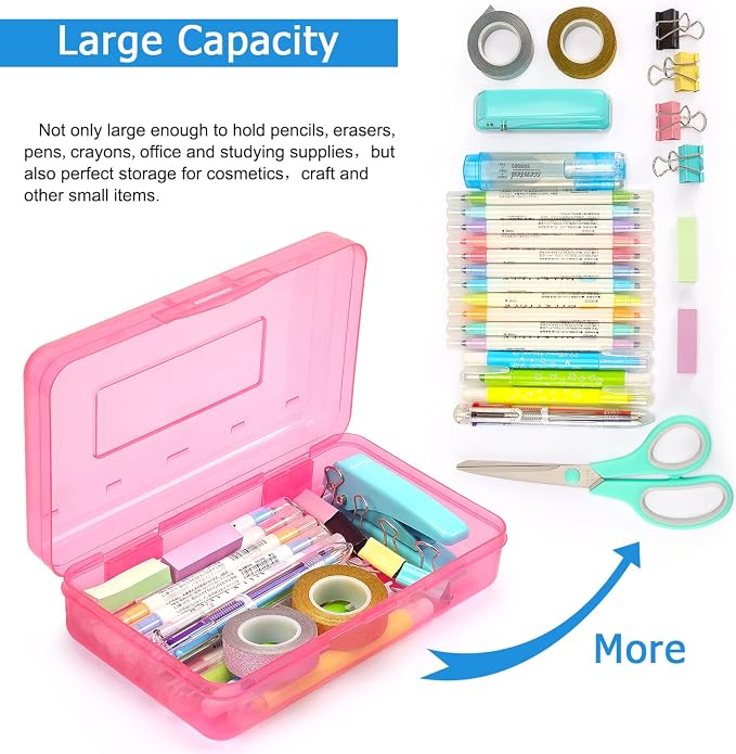Tamaki 1 Pack Plastic Pencil Box Large Capacity, Pink | Clear Boxes with Snap-tight Lid Stackable Design and Stylish Office Supplies Storage Organizer
