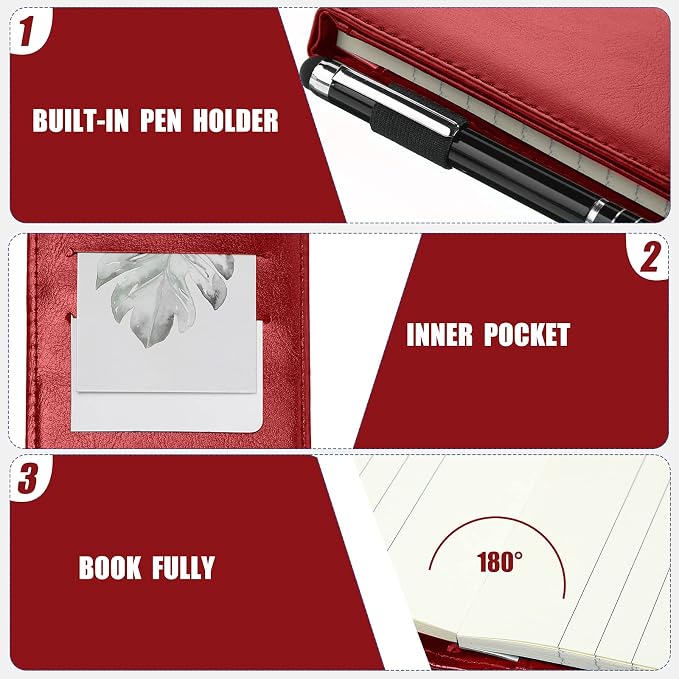 Outus 10 Pcs Mini Pocket Notepad Holder Set Included Small Leather Pocket Notebook Holder with 50 Lined Sheets, Metal Pen, 8 Pcs 3 x 5 Inch Memo Book Refills, 30 Lined Paper Per Note Pad (Red)