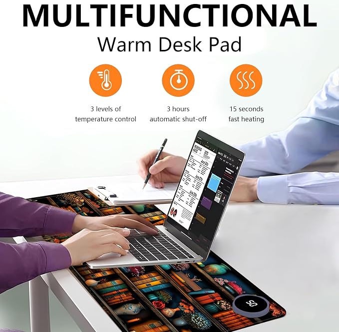 Heated Mouse Pad with 3 Levels Heated & 3 Hours Auto Shut-Off Mouse Pad for Warming Hands in Office Home, 23.6" x 14.2"Large Safe Desk Mat Hand Warmer，Vintage Colorful Bookshelf