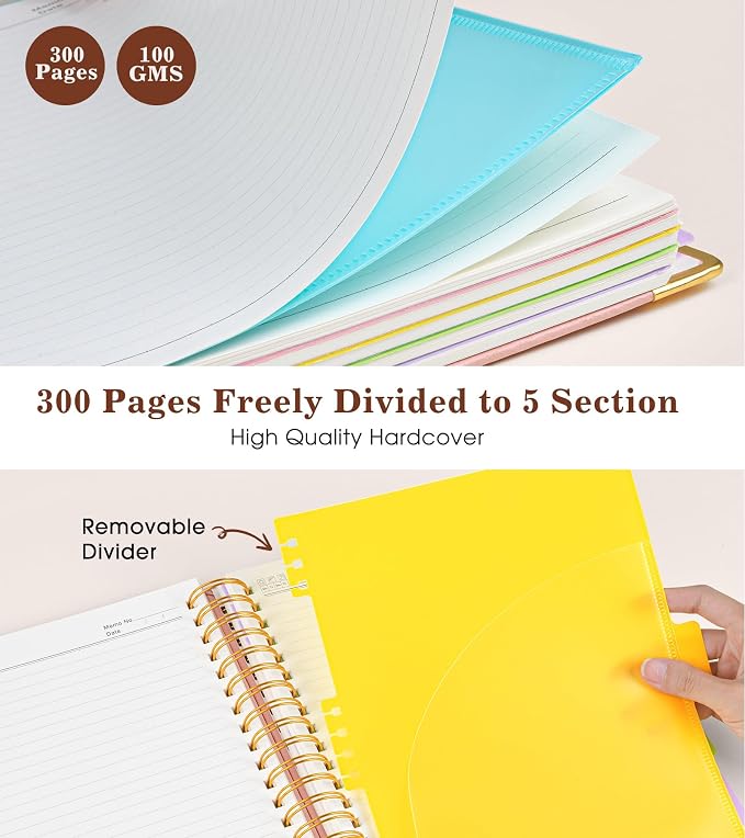 Hardcover Large Spiral Notebook journal with Removable Dividers Tabs, 300 pages Leather 5 Subject Notebook College Ruled, 8" x 10"Journal for Women Men, Notebooks for Work School Note taking,B5 Pink