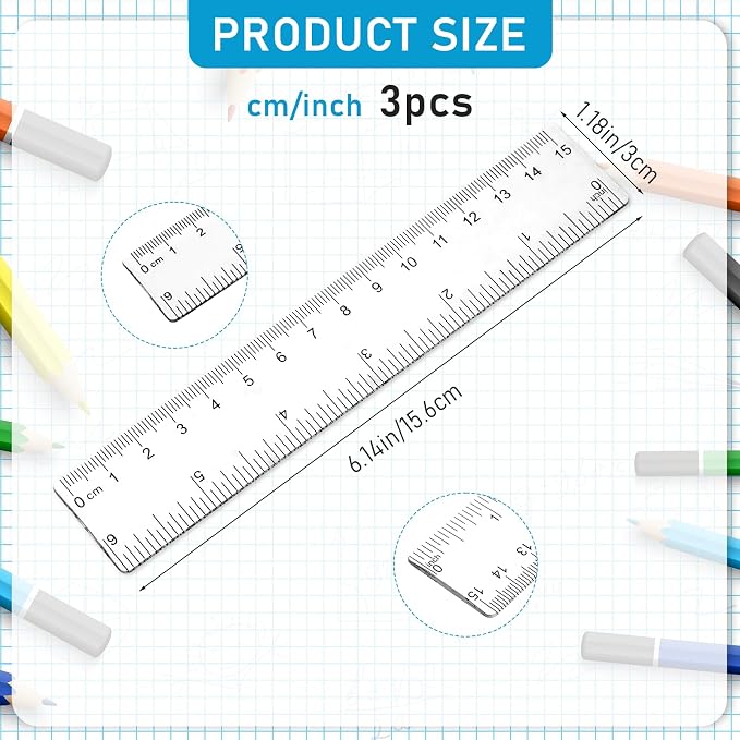 3 Pack 6 Inch Ruler Set Plastic Straight Ruler Transparent Measuring Tool Acrylic Clear Ruler for School Office Student