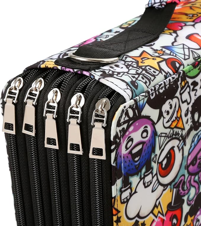 480 Slots Pencil Case, 5-Layer Organizer with Shoulder Strap | 5-layer twill oxford case with 480 elastic slots, carry handle, removable strap, and outer pocket for phone or keys.