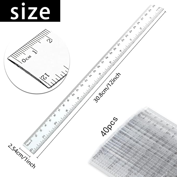 Koogel 40 Packs Clear Plastic Ruler, 12 Inch, Plastic Measuring Tool with Centimeter and Millimeter, Shatterproof Metric Clear Rulers Bulk for Kids, Back to School, Classroom, School, Office, Home