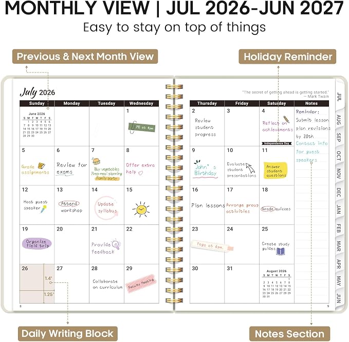 Academic Planner 2026-2027, Weekly and Monthly Calendar Planner Book, July 2026 – June 2027, Hardcover Organizer with Tabs, Perfect for Teachers, Students, Women & Men, A5 (6.4" x 8.5") - Beige