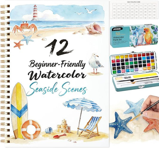 Watercolor Workbook Seaside, Water Coloring Book, 12 Different Patterns of Original DIY Designs, 50 Colors Watercolor Paint Set with Palette and Brush, Beginner-Friendly Watercolor Workbooks (Seaside)