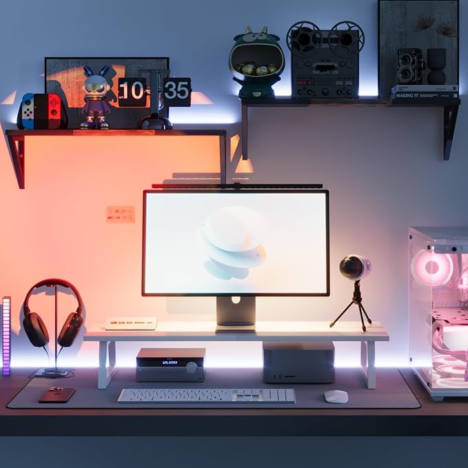 TEAMIX White Dual Monitor Stand Riser, 31.5 inch Long Stand, Desk Organizer | For Computer, Laptop, PC, Printer, Wood & Steel TV Stand, Holds 150lbs, Keyboard & PS5 Storage, For Home Office & Gaming