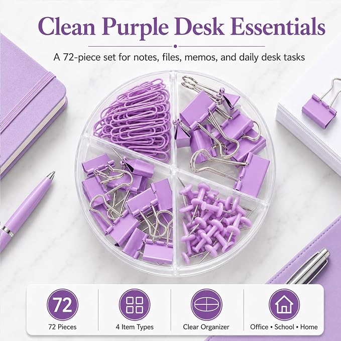 Purple Binder Clips and Paper Clips Push Pins Tacks Sets, Total 72 PCS Assorted Sizes Office Supplies Set for Women, Student, School, Home & Desk Supplies