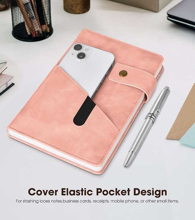 Lined Journal Notebook with Pen, A5 Personalized Hardcover Leather Journal for Men Women, 200 Pages 100 GSM Thick Paper College Ruled Notebooks for Work Travel School Writing Diary 5.9" X 8.4" Pink