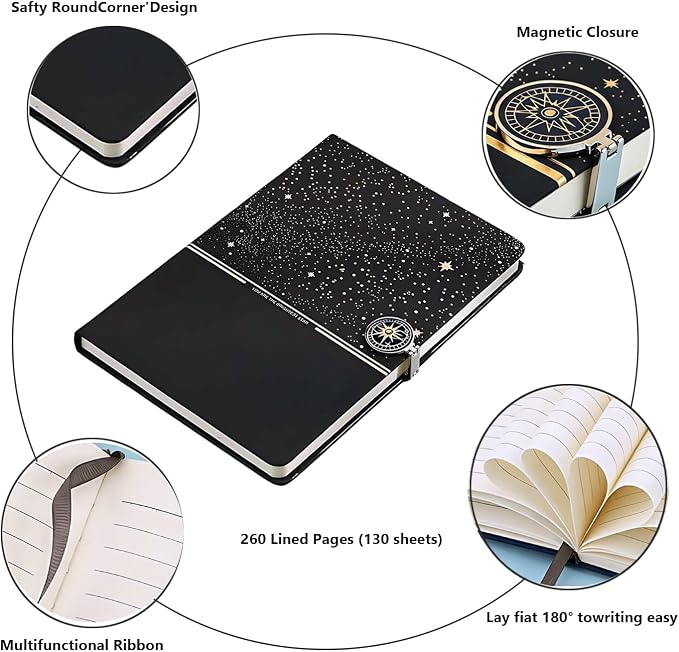 A5 Lined Journal Notebook Gift Set - Night Sky Hardcover Diary with Executive Pen & Elastic Pouch, 260 Pages 80gsm Thick Ink-Proof Paper, Magnetic Closure for Business, Travel & School Writing
