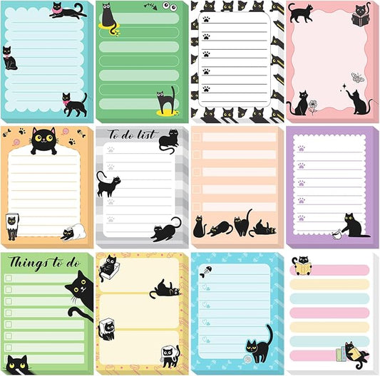 Chiisong 12 Pads Black Cat Sticky Notes 3x4 Inch Cat Notepad Cute Self Stick Notepads Funny Adhesive Memo Pad Office Decor Gifts for Animal Lover Gift Meeting Office Christmas Supplies