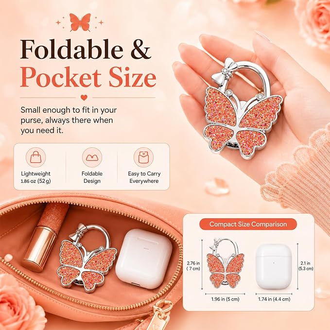 Purse Hook for Table, Foldable Handbag Hanger for Women, Portable Bag Holder with Non-Slip Base, Cute Red Glitter Butterfly Purse Table Hook for Restaurant Office Travel Gift