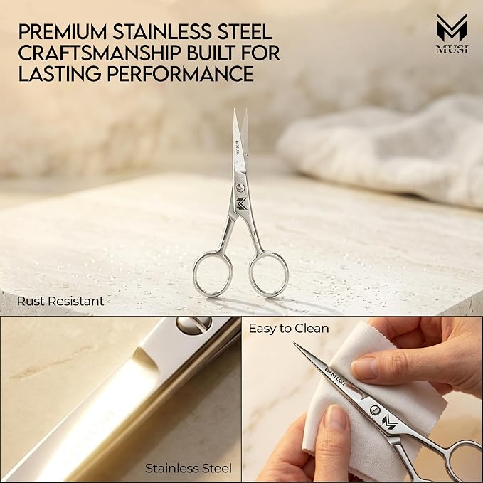 MUSI 4 Inch Eyebrow Scissors - Muti-purpose Small Scissors for Mustache, Beard, Nose Hair, Nail, Ear & Eyelash Trimming - Professional Stainless Steel Mini Grooming Scissors for Men Women with Comb