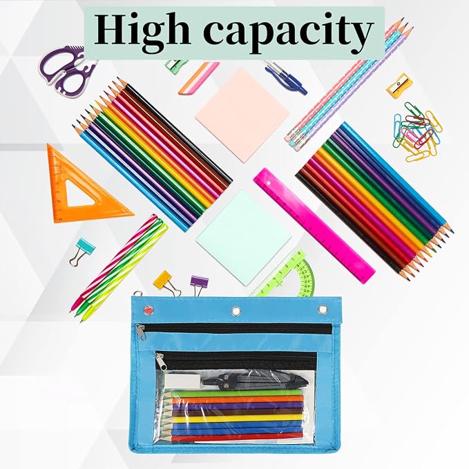 YoeeJob 2 Pack 1 Inch Expandable Zipper Pencil Pouches with Clear Window for 3 Ring Binder, Suitable for School & Office(Sky Blue)