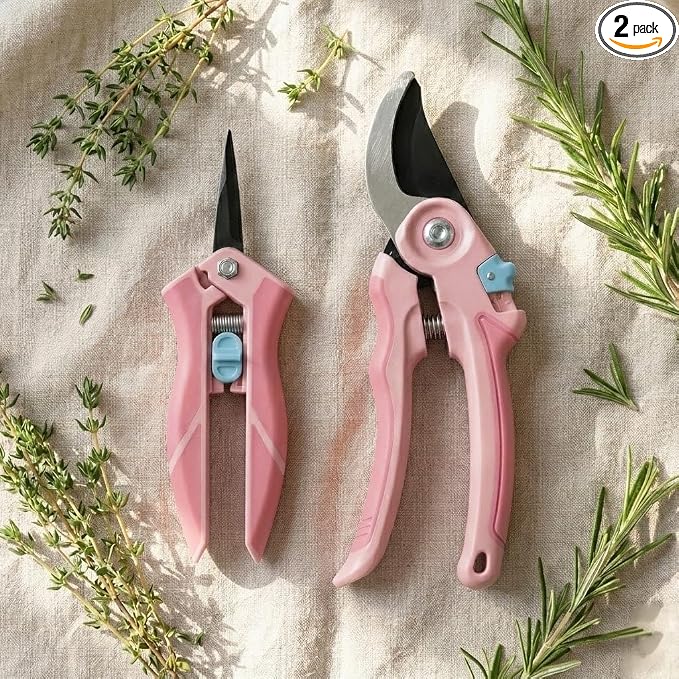 NEXON Pruning Shears 2-Pack — 8" Bypass Hand Pruner & 6.25" Precision Snips, SK5 Steel Blades with Non-Stick Coating, Lightweight Garden Shears for Roses, Flowers & Shrubs, Pink