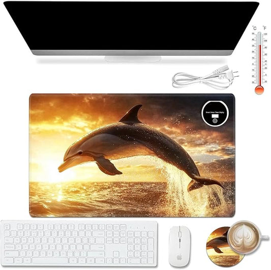 Heated Desk Pad Mouse Pad,Heated Desk Mat,with 3 Heating Levels & 3 Hours Auto Shut-Off,Leather 23.6"*14.2" Gaming Mouse Laptop Mat,Foot Warmer,Dolphin Sunset