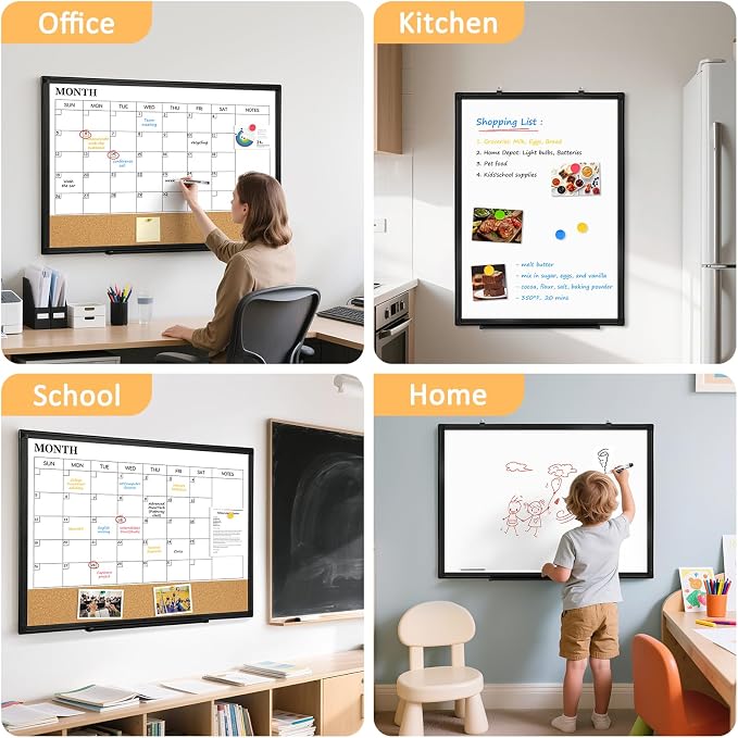 Monthly Dry Erase Calendar Whiteboard with Corkboard, 36" x 24", Black | Magnetic, White Board Cork Board Combo, Double Sided, Wall Mounted, Aluminum Frame, for Home, Office, Kitchen, Dorm